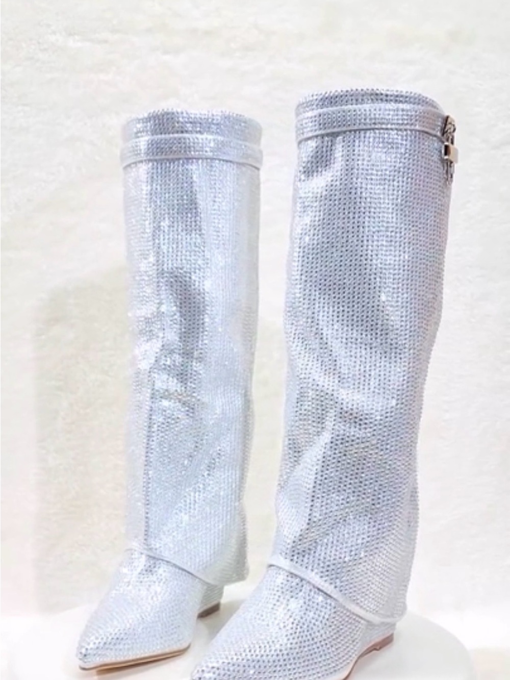Women's Silver Sequin Knee-High Wedge Boots - Picture 2 of 7